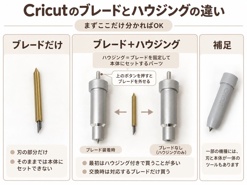 Cricut（クリカット）の交換用ブレードとハウジングの違いを示した説明画像
