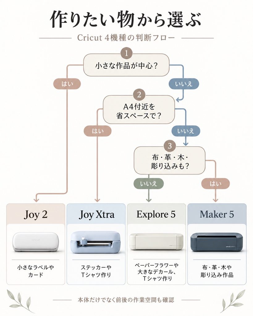 Cricut Joy 2・Joy Xtra・Explore 5・Maker 5の選び方フロー