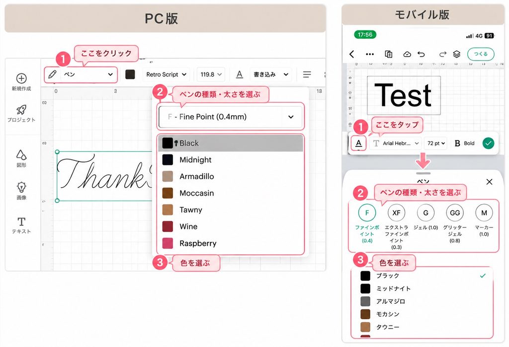 PC版とモバイル版のCricut Design Spaceで、ペン設定画面を開き、ペンの種類・太さ・色を選ぶ手順を示した図