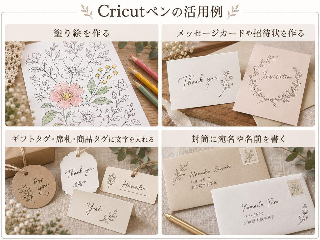 Cricutペンで作れる塗り絵、カード、タグ、封筒の活用例をまとめた画像。