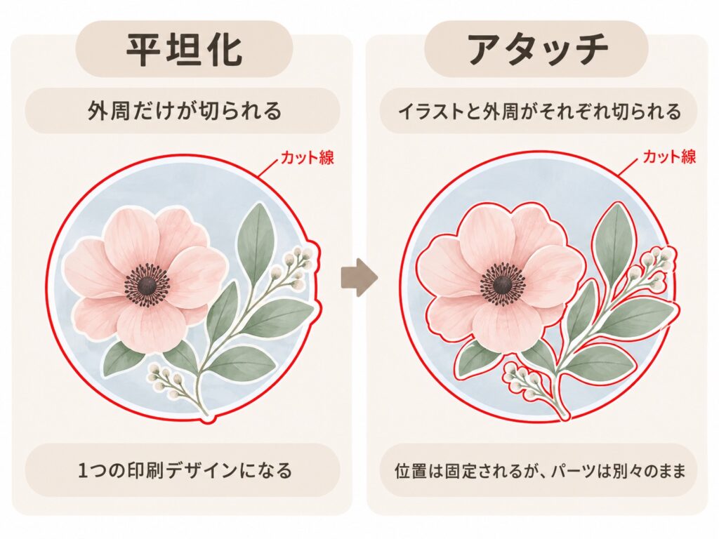 平坦化とアタッチではカットラインに違いがでます。