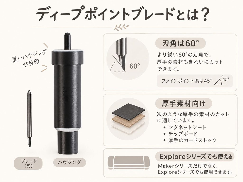 ディープポイントブレードは、厚手素材向けの60度ブレードです