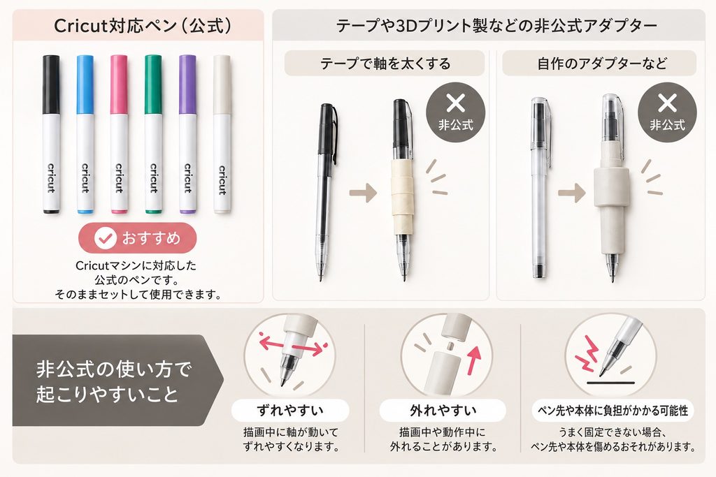 Cricut対応ペンと、テープで軸を太くする方法や自作アダプターなど非公式な使い方の注意点を比較した図