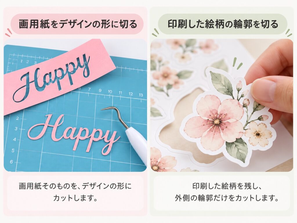 Cricutのカット方法の比較画像。左はピンクの画用紙を文字の形に切り抜いた例、右は印刷した花柄の輪郭をカットした例。