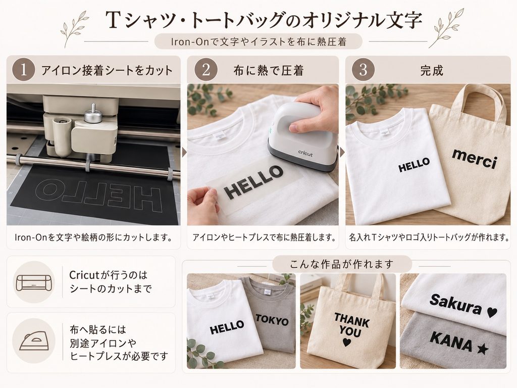 Cricutで黒いアイロン接着シートをカットし、ヒートプレスで布に文字を圧着する3ステップ。