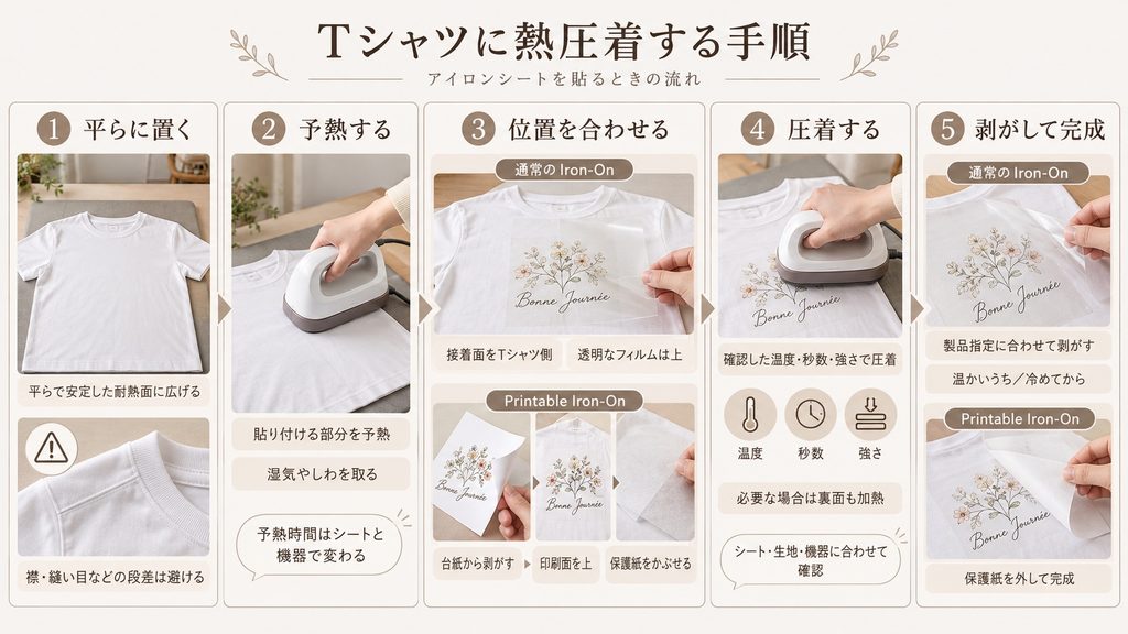 CricutのアイロンシートをTシャツに貼る流れを、配置・予熱・圧着・剥がし方まで5ステップで説明した図解。