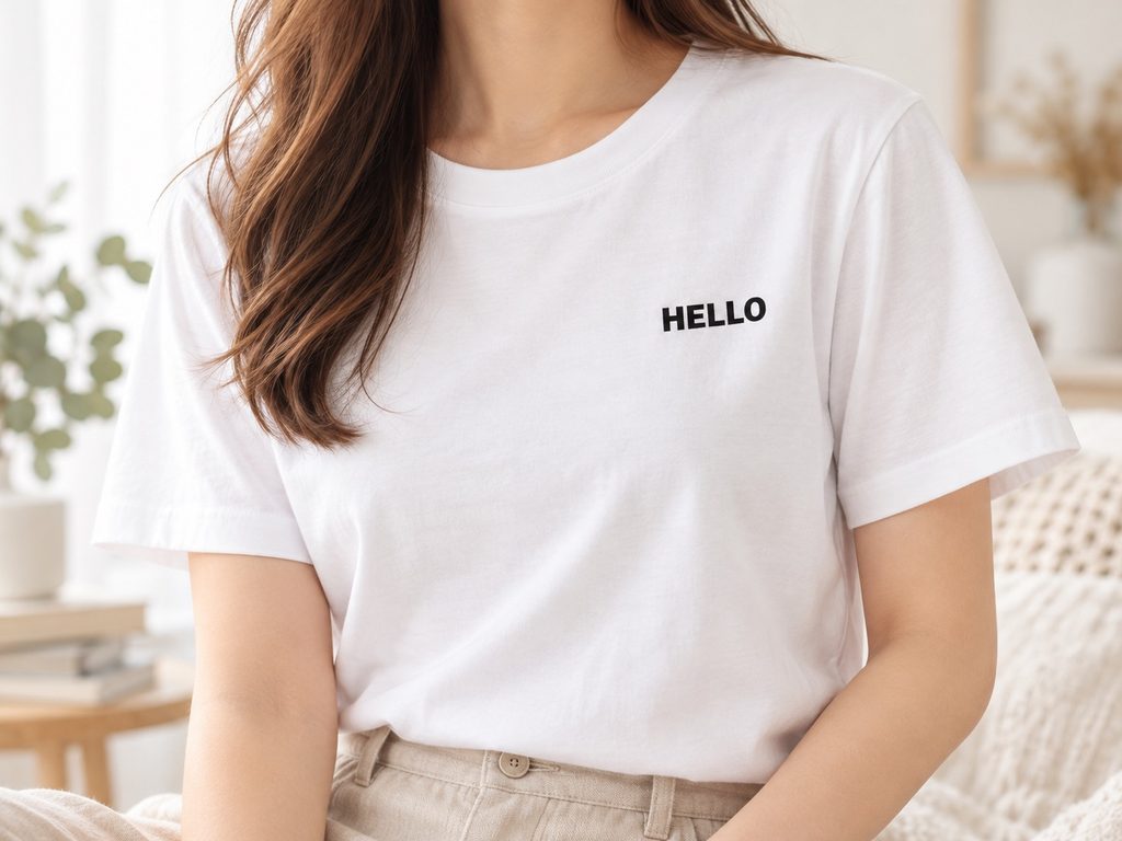胸元に黒い「HELLO」の文字をあしらった白いTシャツを着用する女性の上半身。