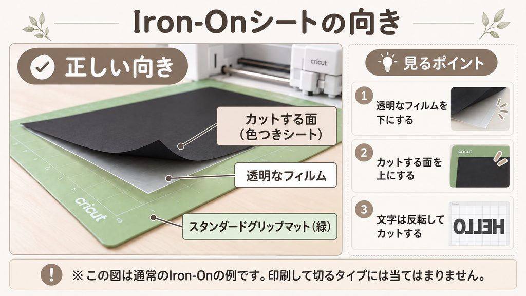 CricutのIron-Onシートをカットするときの向きと、透明フィルム・シート・マットの配置を説明した図解。