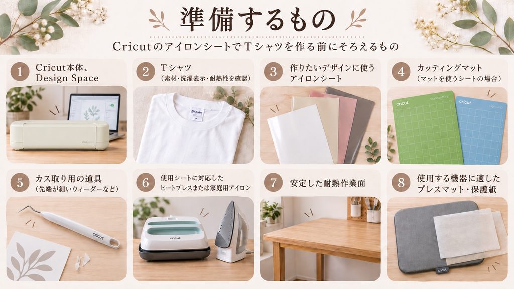 Cricut本体、Tシャツ、アイロンシート、カッティングマット、ウィーダー、ヒートプレスまたは家庭用アイロン、耐熱作業面、プレスマット・保護紙をまとめた準備リスト画像。