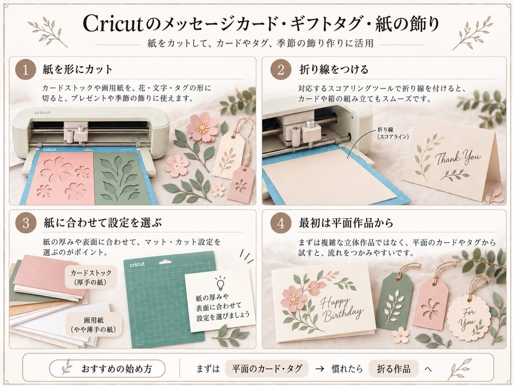 Cricutで紙をカットし、メッセージカードやギフトタグを作る方法を紹介した図解。