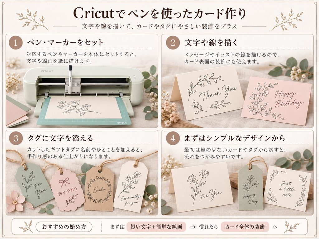 Cricutにペンをセットし、文字や花の線画を描いてカードやギフトタグを作る手順の図解。
