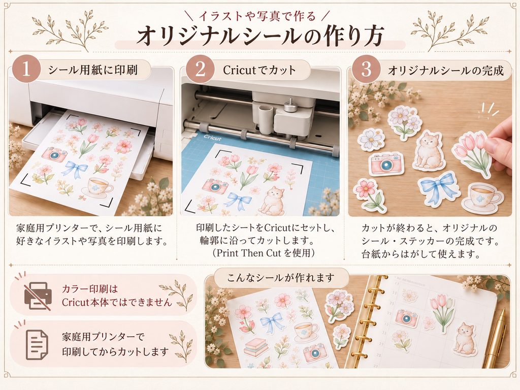 Cricutでオリジナルシールを作る手順。家庭用プリンターで印刷し、Cricutでカットして完成させる工程。