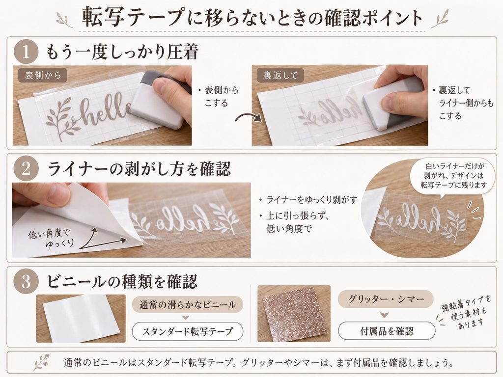 転写テープにデザインが移らない場合のこすり方、ライナーの剥がし方、転写テープの種類を説明した画像。
