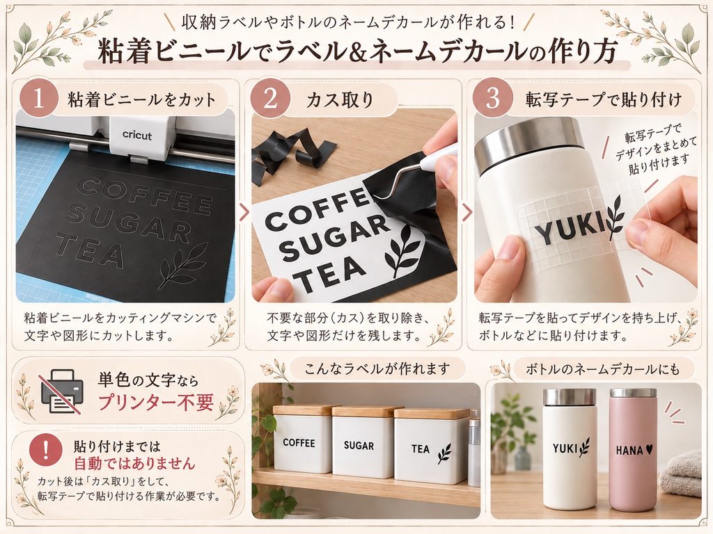 Cricutで単色の粘着ビニールをカットし、カス取り後に転写テープで収納容器や水筒に貼り付ける手順。