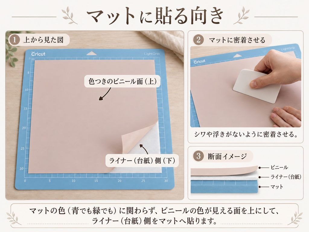 Cricutの青いマットにカッティングシートを貼る向きと、ビニール面を上・ライナー面を下にすることを示した説明画像。