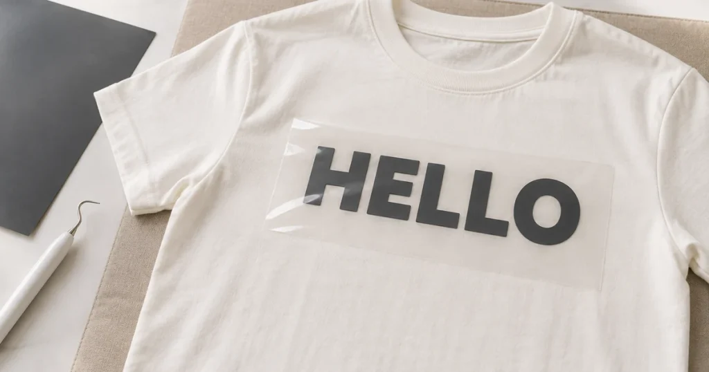 Tシャツにアイロンシートのデザインを配置し、透明フィルムで位置を保っている状態
